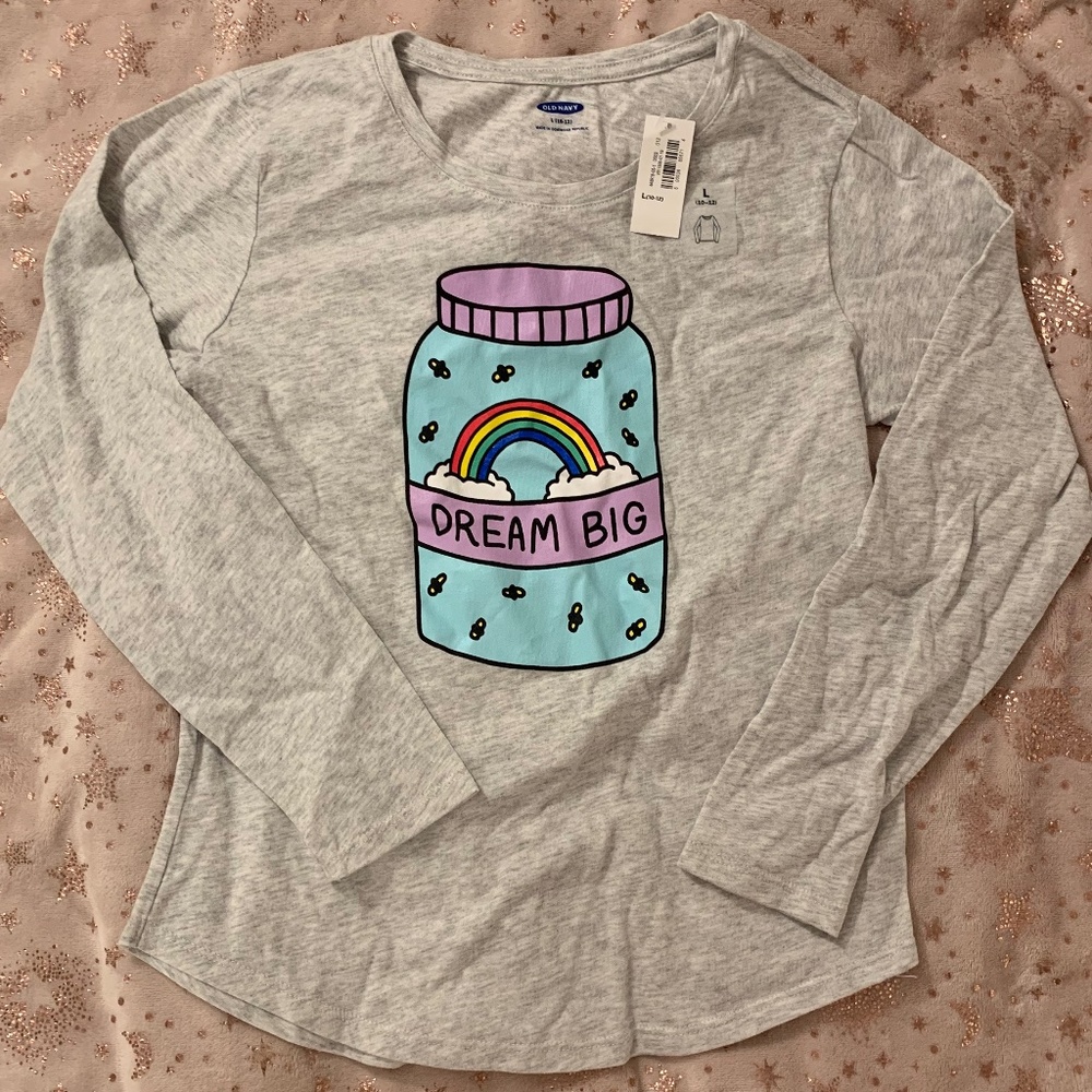 Girl's "Dream Big" Graphic Long Sleeve Tee - Old Navy Large, Light Gray